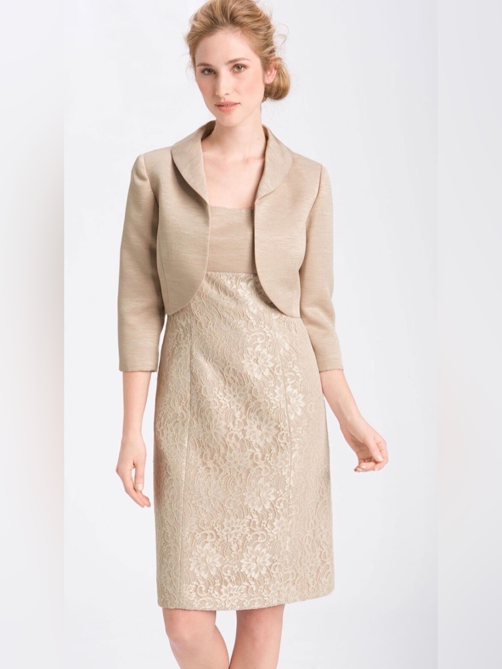 Tahari Champagne Lace Elegant Formal Wedding Cocktail Knee Dress sz 6